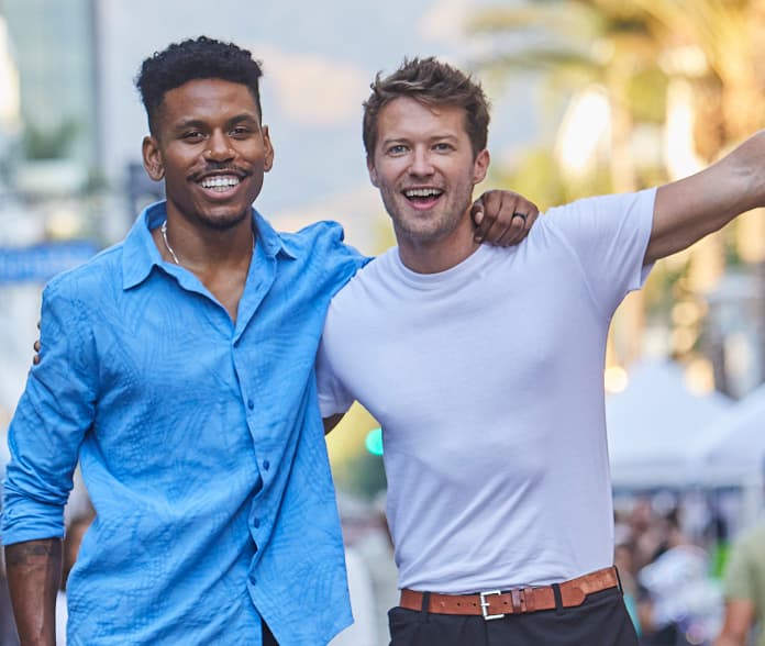 Two friends walking together in Downtown Burbank