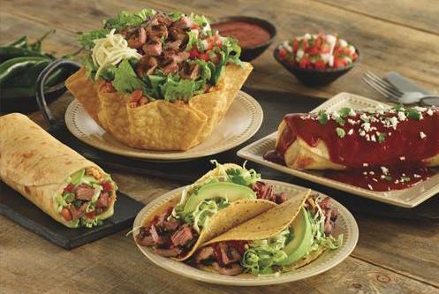 El Pollo Loco dishes including salad, burrito, and tacos