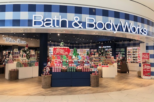 Bath & Body Works store front with blue and white checkered sign