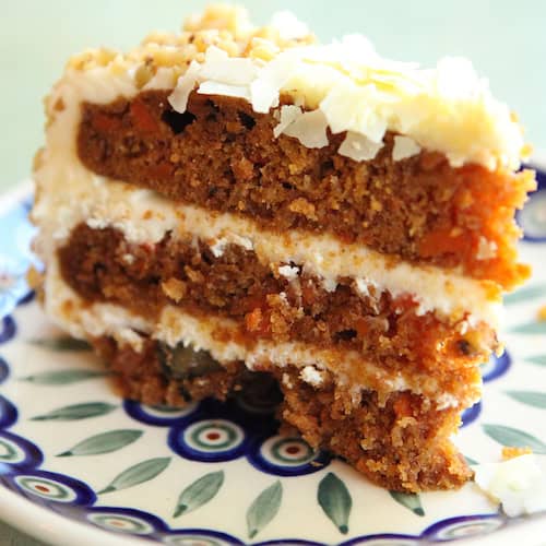 Carrot Cake slice on a blue patterned plate