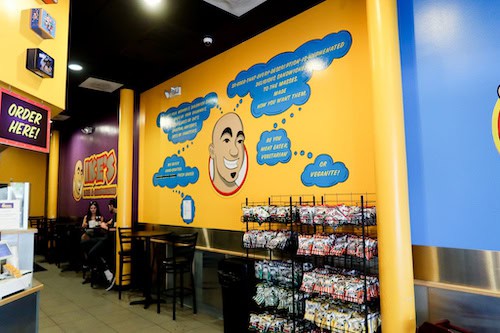 Yellow wall with character of Ike's Sandwiches