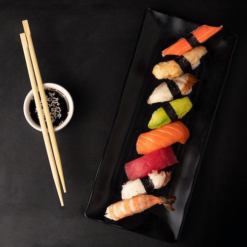 Sushi platter with chopsticks