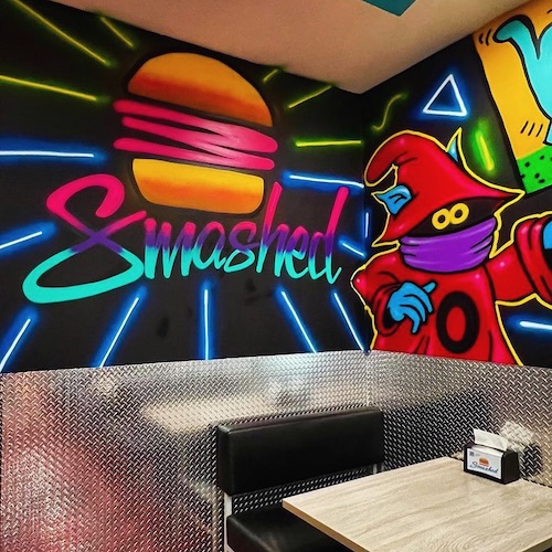 Smashed Burger neon mural with metal wall