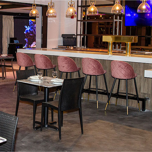 Terrace Restaurant and Lounge bar with pink high top chairs