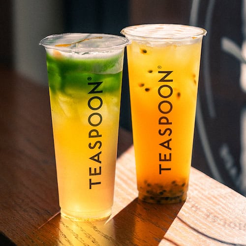 Teaspoon Boba two tea drinks on a wood table