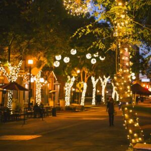 Quiet walkable street with holiday lights