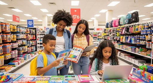 Mom shopping with three kids